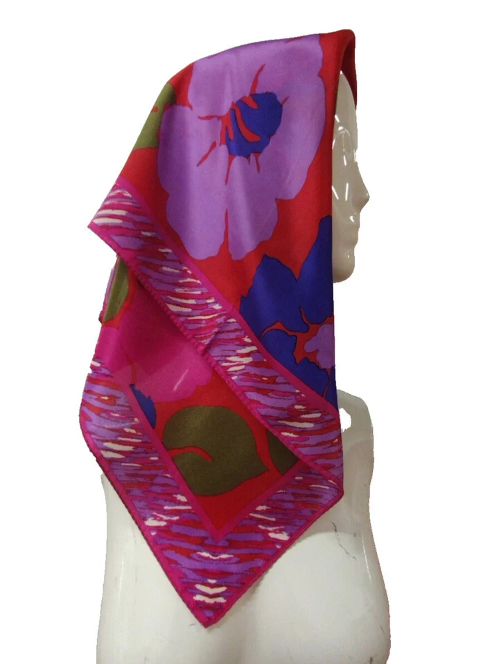 Vintage All Silk Fuchsia Scarf Cobalt Lavender Red Vibrant POP ART FLORAL BORDER
